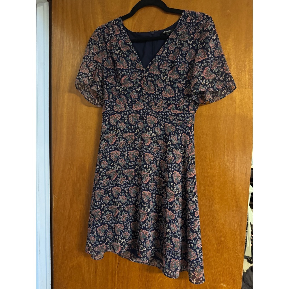 Madewell Orchard Flutter Sleeve Floral V-Neck Mini Dress Navy Blue Pink Size 0 - Picture 4 of 8